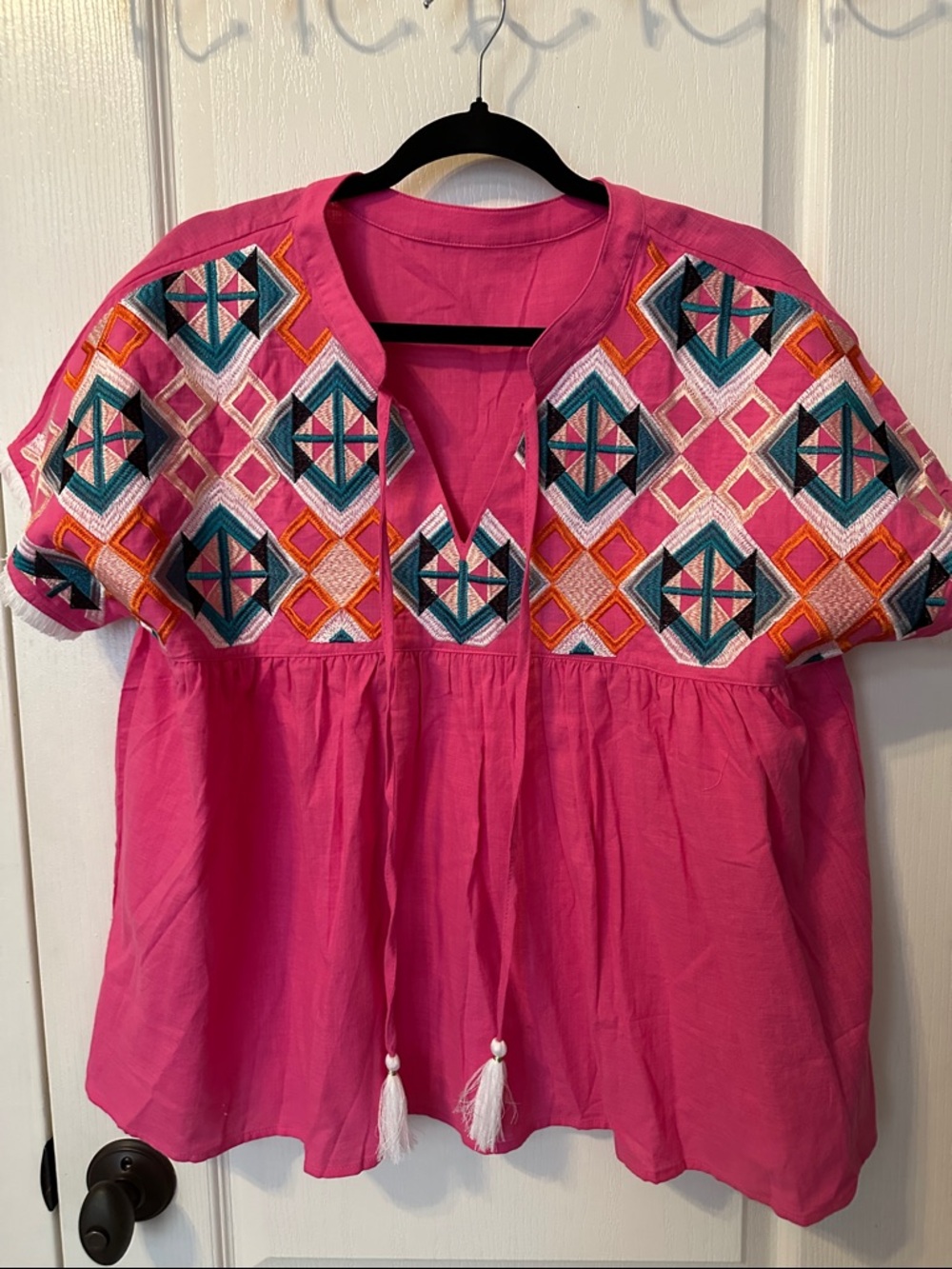 Embroidered Peasant Blouse - Pink